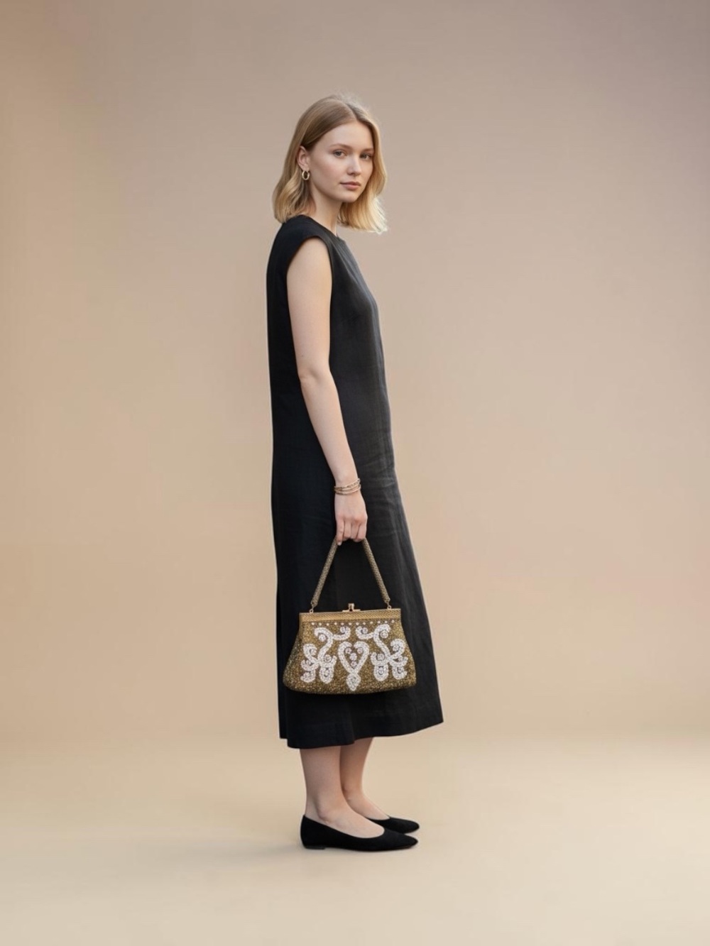 Gold Beaded Evening Clutch with Pearl Motif